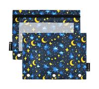 Night Sky Lot de 2 trousses à crayons à 3 anneaux avec fermeture éclair Motif étoiles et lunes Jaune Bleu ciel 24,9 x 18 cm