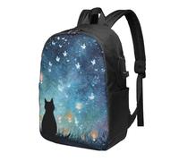 Night Sky Sac à dos pour ordinateur portable Motif chat mignon 43,2 cm Résistant à l'eau Avec port de charge USB Sac à dos d'école Sac de travail pour homme et femme