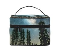 Night Sky with Trees Print Portable Travel Makeup Case Versatile Zipper for Makeup Bag Large Capacity Polyester, Black, One Size, Noir/blanc, One Size