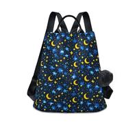 Night Sky Yellow Blue Stars Moons Sac à dos tendance pour femme, fermeture éclair antivol, multi-poches, sac à bandoulière décontracté avec peluche
