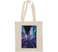 Night Street in Japan Vaporwave Sac fourre-tout en coton naturel Esthétique Blanc fluo