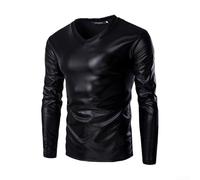 Nightclub Performance Stage T-shirt à manches longues effet mouillé pour homme, en cuir synthétique brillant (L noir)