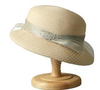 NihaoWXM Chapeau de Paille d'Été pour Femme Chapeau de Plage Plat tissé à la Main avec visière et nœud, Voile en Soie et Lin, Chapeau de Paille en Lin et Herbe(Beige)