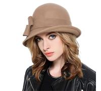 NihaoWXM Chapeaux Fedora en Feutre de Laine for Femmes, avec nœud élégant, à Large Bord, Vintage, Cloche d'église d'hiver Chapeau Melon pour Femme(Khaki)