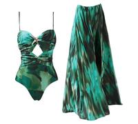 NihaoWXM Maillot De Bain avec Jupe Swimwear Ink Print Hollowed Out One Piece Swimsuit and Split Umbrella Skirt Vacation Set for Women(Green Set,S)