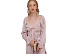 NihaoWXM Nuisette Satin Femme Printemps et Automne Longue Section de Chemise Nuit en Soie glacée Pyjama fée Mince vêtements Maison Amples Peuvent être portés à l'extérieur(Pink,M)