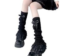 NIHENHAO Chaussettes japonaises en tricot torsadé avec nœud papillon pour femme - Bas de jambe à volants en dentelle - Noir