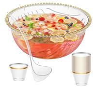 NiHome Bowle en plastique avec louche et pince pour fêtes, mariages, barbecues - 5,3 litres - Ensemble complet de bols à cocktail à bord doré transparent (1 lot contient 25 gobelets)