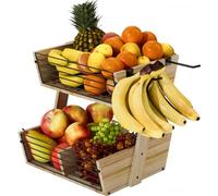 NiHome Corbeille à fruits en bois à 2 niveaux pour cuisine, bol à fruits, support pour comptoir de cuisine, pain, fruits, légumes (marron)