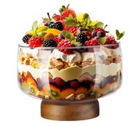 NiHome Grand bol en verre 3,6 l avec support acacia, plat polyvalent pour gâteaux, salades, desserts, présentation élégante pour fêtes, mariages, occasions spéciales