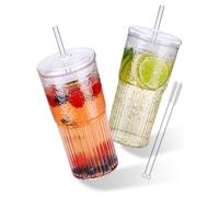 NiHome Lot de 2 gobelets en verre borosilicate transparent avec couvercle et paille, 650 ml, pour café glacé, smoothie, thé avec pailles, réutilisables