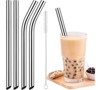 NiHome Lot de 4 pailles en acier inoxydable réutilisables pour smoothie et milkshake, 1,3 cm, extra longues, droites et courbées pour boba, boissons épaisses, boissons froides, 1 brosse (argent)