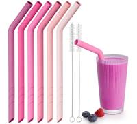 NiHome Lot de 6 pailles en silicone réutilisables, extra larges, pour boba, smoothies et thé aux bulles, longueur découpable, sans BPA, avec 2 brosses de nettoyage (dégradé de rose)