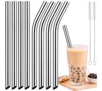NiHome Lot de 8 pailles en acier inoxydable pour smoothie / milkshake, extra larges et réutilisables de 1,3 cm, pailles droites et courbées pour boba, boissons épaisses, boissons froides, 2 brosses