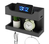 NiHome Organiseur mural en bois pour accessoires de chevet, double plateau avec crochets magnétiques, support mural pour chambre à coucher, dortoir, téléphone, lunettes, réveil, télécommande (noir)