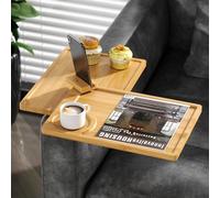 NiHome Plateau rotatif à 2 niveaux en bambou pour accoudoir de canapé, table d'appoint métallique stable avec porte-gobelet et support de téléphone pour canapés à bras droits