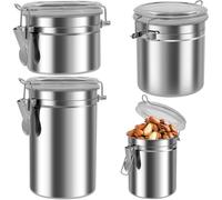NIHUIFDPY Lot de 4 boîtes de rangement rondes en acier inoxydable avec couvercle transparent et pince de verrouillage pour café, thé, café, sucre, farine