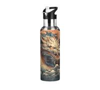 Niigeu Animal Dragon Oriental Rétro Bouteille d'eau Isotherme avec Paille en Acier Inoxydable Gourde, Sans BPA Gourdes Eau pour Enfant Sport Randonnée École Bureau (600ml/1L)