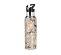 Niigeu Animaux De Compagnie De Chien Rétro De Dessin Animé Bouteille d'eau Isotherme avec Paille en Acier Inoxydable Gourde, Sans BPA Gourdes Eau pour Enfant Sport Randonnée École Bureau (600ml/1L)