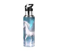 Niigeu Cheval Ange De L'Espace Blanc Bouteille d'eau Isotherme avec Paille en Acier Inoxydable Gourde, Sans BPA Gourdes Eau pour Enfant Sport Randonnée École Bureau (600ml/1L)
