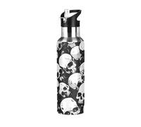 Niigeu Crâne En Sucre Noir Blanc Bouteille d'eau Isotherme avec Paille en Acier Inoxydable Gourde, Sans BPA Gourdes Eau pour Enfant Sport Randonnée École Bureau (600ml/1L)