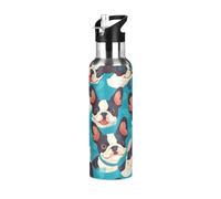 Niigeu Dessin Animé Boston Terrier Chien Bouteille d'eau Isotherme avec Paille en Acier Inoxydable Gourde, Sans BPA Gourdes Eau pour Enfant Sport Randonnée École Bureau (600ml/1L)