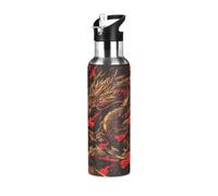 Niigeu Dessin Animé Feu Flamme Dragon Bouteille d'eau Isotherme avec Paille en Acier Inoxydable Gourde, Sans BPA Gourdes Eau pour Enfant Sport Randonnée École Bureau (600ml/1L)