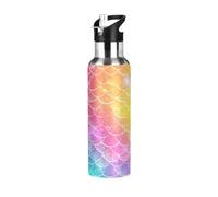Niigeu Écailles De Sirène En Marbre Arc-En-Ciel Bouteille d'eau Isotherme avec Paille en Acier Inoxydable Gourde, Sans BPA Gourdes Eau pour Enfant Sport Randonnée École Bureau (600ml/1L)