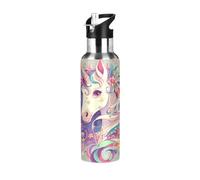 Niigeu Marguerite Fleur Licorne Cheval Bouteille d'eau Isotherme avec Paille en Acier Inoxydable Gourde, Sans BPA Gourdes Eau pour Enfant Sport Randonnée École Bureau (600ml/1L)