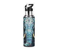 Niigeu Thaïlande Tradition Éléphant Bleu Bouteille d'eau Isotherme avec Paille en Acier Inoxydable Gourde, Sans BPA Gourdes Eau pour Enfant Sport Randonnée École Bureau (600ml/1L)