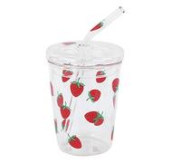 Niiyen Tasse à boire motif fraise, tasse en verre d'eau potable claire résistant à la chaleur avec couvercle en paille, chauffée directement au micro-ondes, pour tasse à lait, tasse à café