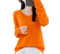 Niiyyjj Pull à col en V pour femme 100 % laine mérinos - Couleur unie - Manches longues, Orange, L