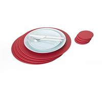 Nikalaz Lot de 4 Set de Table Rond et 4 Desous de Verres, Set de Table 33 cm de Diamètre et sous-bock 10 cm, Cuir Naturel Recyclé (Rouge)