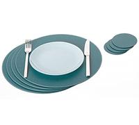 Nikalaz Lot de 4 Set de Table Rond et 4 desous de Verres, Set de Table 33 cm de diamètre et sous-bock 10 cm, Cuir Naturel recyclé (Vert Pétrole)