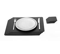 Nikalaz Lot de 4 set de table rond et 4 desous de verres, Set de table 40x30 cm et sous-bock 10x10cm cm, Cuir naturel recyclé (Noir)
