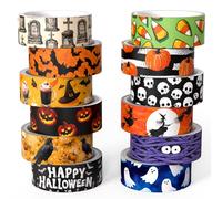 NIKOMIE Lot de 12 rouleaux de ruban adhésif Washi pour Halloween, citrouille, chauve-souris, fantôme, bonbons, crâne, sorcière, fournitures de journal, scrapbooking, loisirs créatifs, emballage cadeau