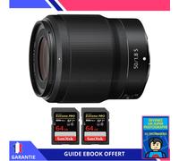 Nikon Z 50mm f/1.8 S + 2 SanDisk 64GB UHS-II 300 MB/s + Ebook 'Devenez Un Super Photographe' - Objectif Nikon Z pour Nikon Hybride