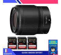 Nikon Z 50mm f/1.8 S + 3 SanDisk 128GB UHS-II 300 MB/s + Ebook 'Devenez Un Super Photographe' - Objectif Nikon Z pour Nikon Hybride
