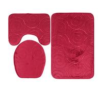 Nikou Lot de 3 tapis de salle de bain en relief avec housse pour abattant de toilette et tapis de sol, tapis absorbants pour côté baignoire, rouge