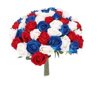 Nikou Lot de 50 roses artificielles - Rouge, bleu, blanc - Bouquet de roses réalistes pour décoration de table