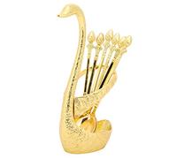 Nikou Lot de 6 cuillères en alliage de zinc en forme de cygne avec support en forme de cygne Doré