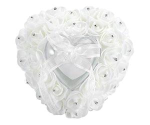 Nikou Oreiller de Bague - Boîte de Bague de Mariage en Forme de Coeur Romantique Portable Rose Strass Decor Coussin d'oreiller Anneau Souple(Blanc)