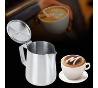 Nikou Pichet à mousse de lait en acier inoxydable 350 ml avec couvercle pour café latte art, tasse à mousser le lait, tasse à mousser le lait, design argenté