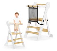 Niktulo Tour d'apprentissage Pliable Réglable en Hauteur sur 2 étages avec Sac en Filet,Tour d Observation Enfant de 1 à 6 Ans pour Enfants Montessori Learning Bois Naturel Kitchen Helper