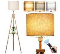 NIKYJM Lampadaire Trépied avec Étagères Lampadaire LED Dimmable Ampoule E27 12W Fournie Lampe en Bois avec Télécommande et Interrupteur à Pied, 3 Températures de Couleur Lampadaire sur Pied Salon