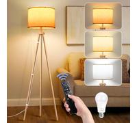 NIKYJM Lampadaire Trépied LED Dimmable, Ampoule E27 12W Fournie Lampe sur Pied en Bois avec Télécommande et Interrupteur à Pied, 3 Températures de Couleur Lampadaire Salon