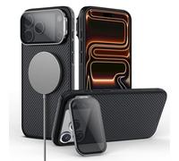 Nillkin Coque pour iPhone 17 Pro Max Compatible MagSafe, Couvercle de Protection Caméra Transparent Noir avec Support - Étui Fin Magnétique TPU+PC, Antichoc, Anti-Rayures, Antidérapant, Mat - Noir