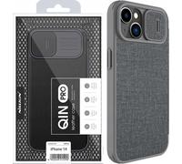 Nillkin Qin Cloth Pro Étui pour iPhone 14 Plus, étui à rabat avec protection pour appareil photo, couverture grise