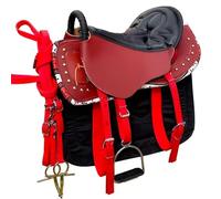 NILoykg& Ensemble de Selle de Cheval 8 pièces, Kit de Selle Complet avec étriers, Cuirs d'étrier, Sangle, sursangle, Tapis de Selle, rênes et Corde de Plomb,Rouge