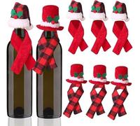 Niltracy Lot de 12 housses de bouteille de vin de Noël rouge et noir à carreaux de buffle mini bonnet de Père Noël écharpe pour décorations de table de fête de Noël Décoration de bouteille de vin,
